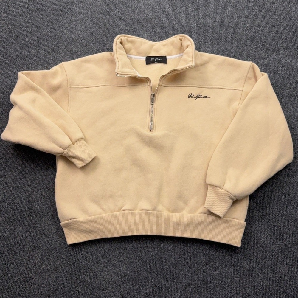 Rue Porter Quarter Zip Sweatshirt Small Cream Cropped Boxy Relaxed Logo 20"x20"